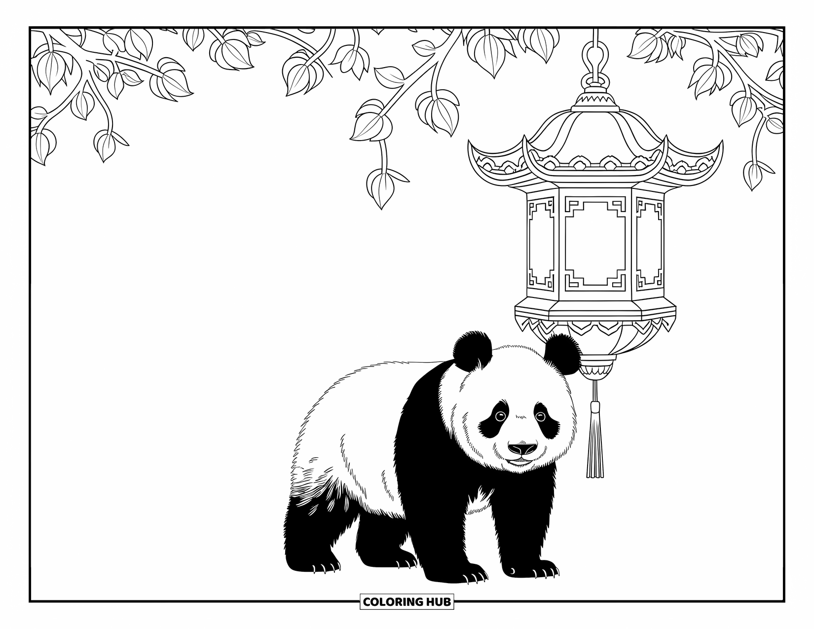 Disegno di panda da colorare per adulti: Un panda si trova sotto una lanterna ornata, circondato da motivi vorticosi ed eleganti petali fluttuanti