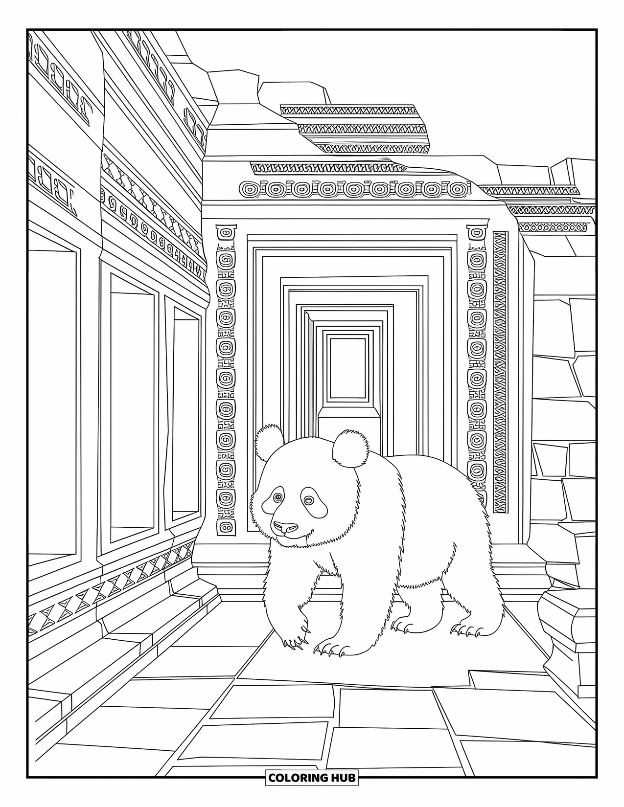 Disegno di panda da colorare per adulti: Un panda passeggia tra antiche rovine di templi, circondato da intricate sculture in pietra ed eleganti motivi