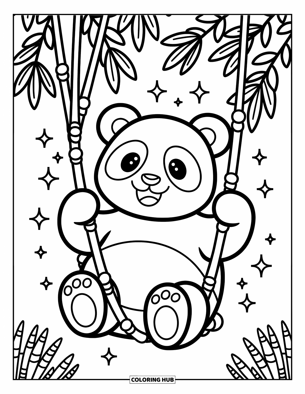Disegno di un panda da colorare per adulti: Un panda oscilla dolcemente su un viticcio di bambù, godendosi il momento mentre minuscole foglie e brillantini danzano