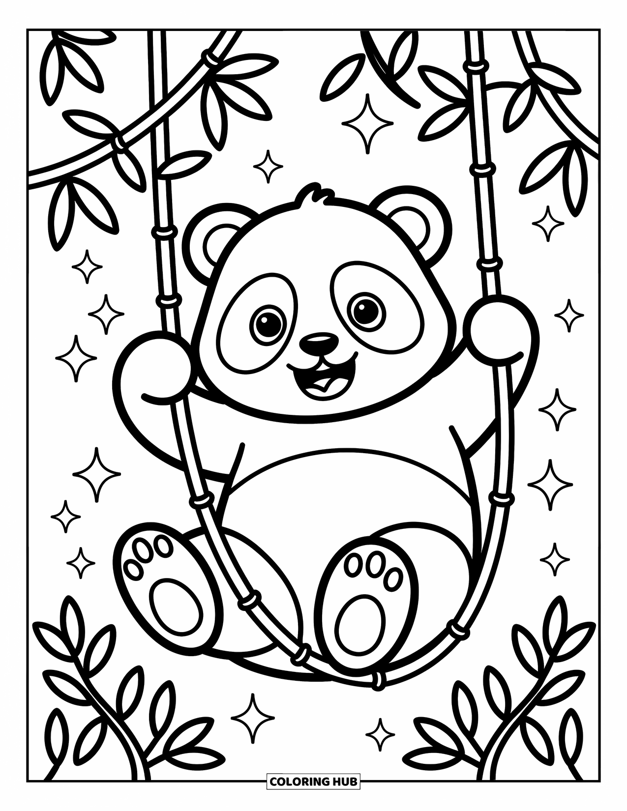 Disegno di un panda da colorare per adulti: Un panda oscilla felicemente su un viticcio di bambù, con foglie e brillantini fluttuanti che aggiungono divertimento