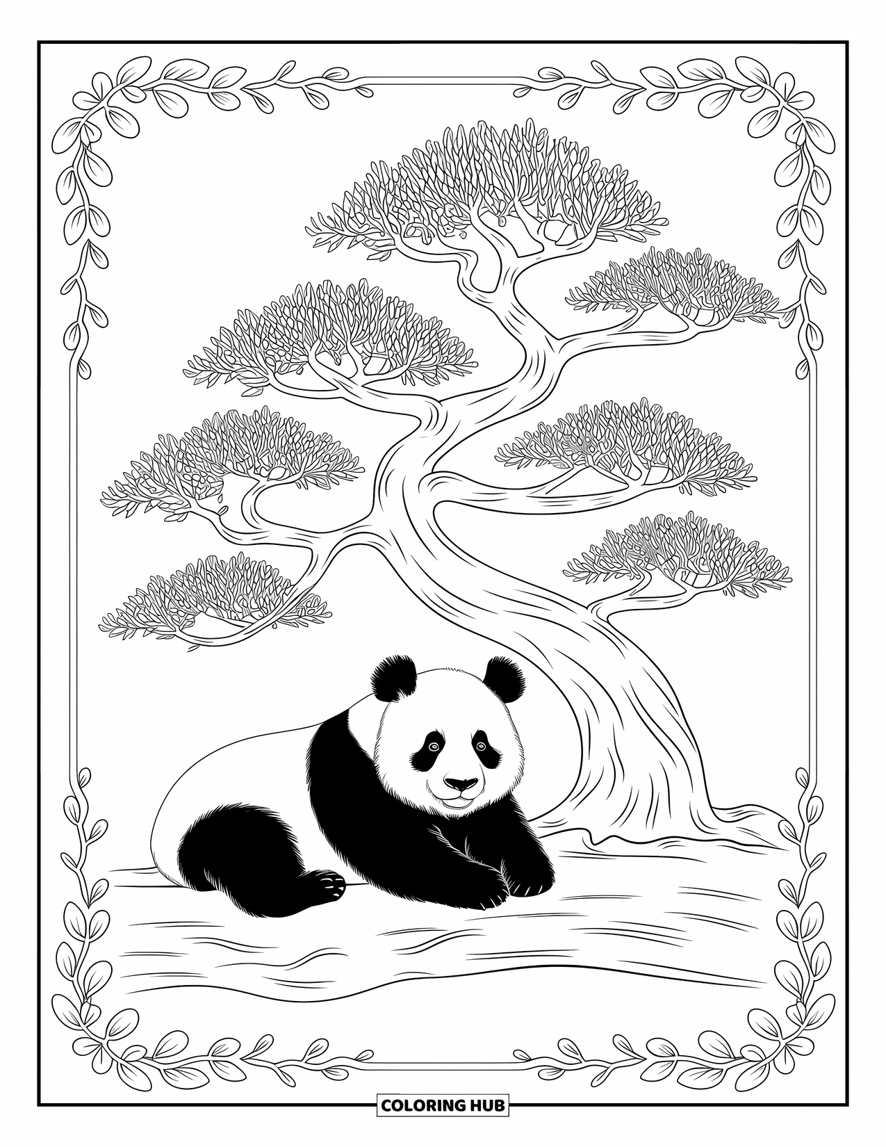 Disegno di panda da colorare per adulti: Un panda cammina attraverso antiche rovine, con motivi in pietra scolpita che creano un'atmosfera serena e senza tempo