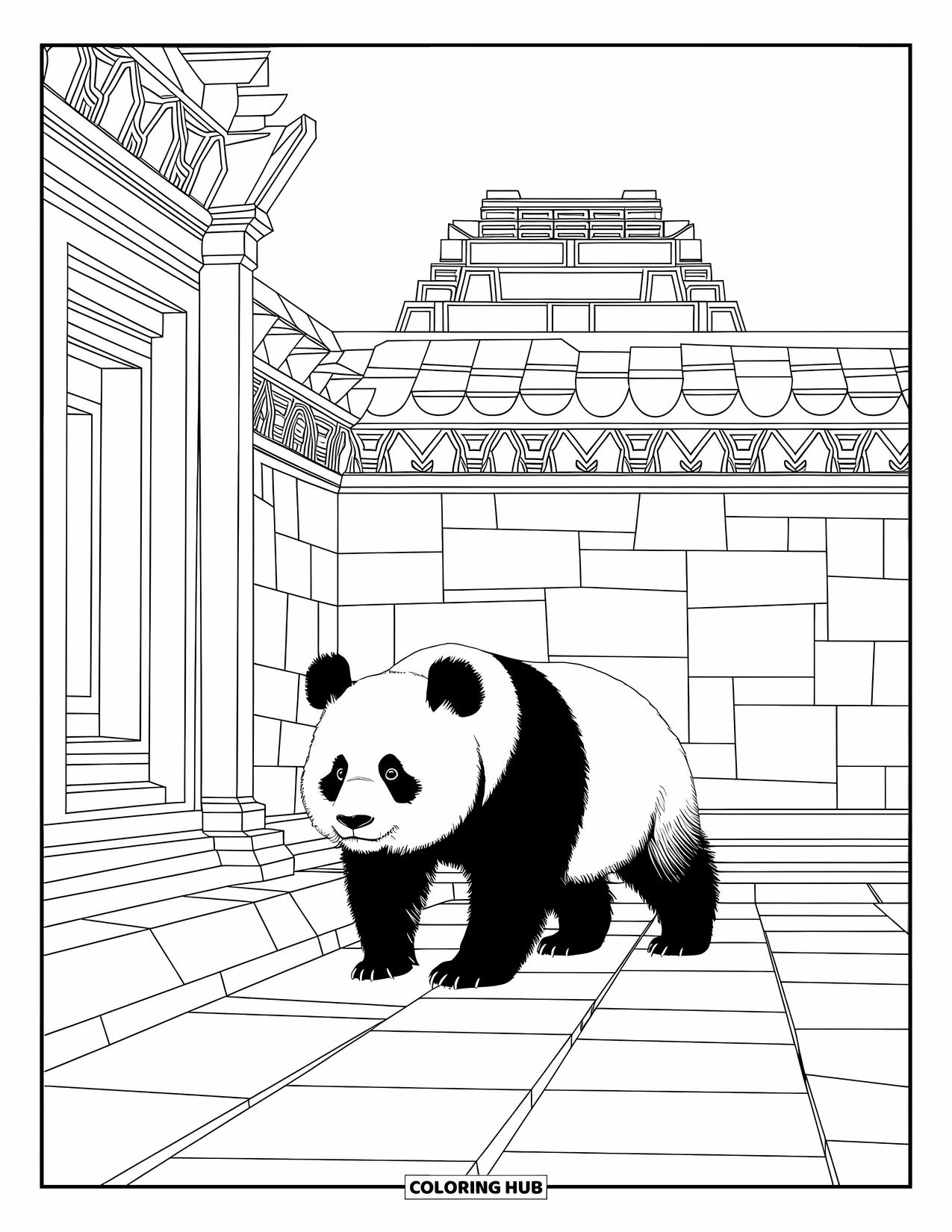 Disegno di panda da colorare per adulti: Un panda cammina attraverso antiche rovine di templi, circondato da motivi in pietra intagliata in modo intricato