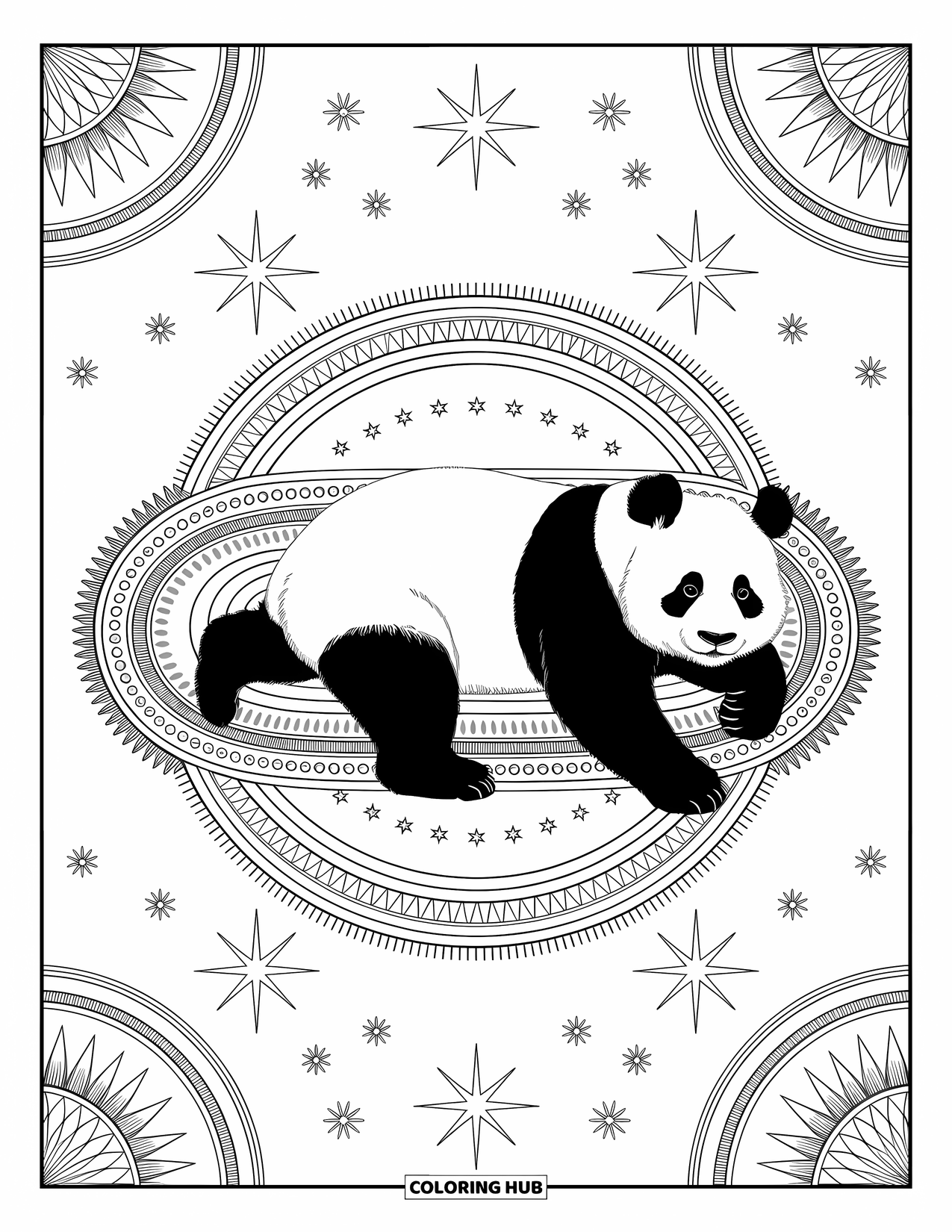 Disegno di panda da colorare per adulti: Un panda pacifico giace su un elegante tappeto, con motivi celesti e motivi vorticosi che migliorano la scena