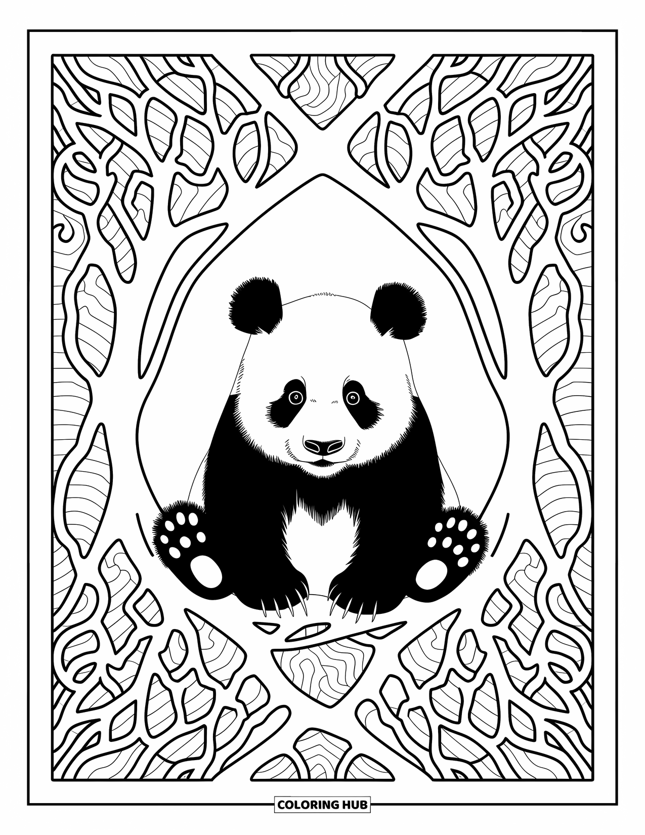 Disegno di panda da colorare per adulti: Un panda pacifico si annida tra radici di alberi contorte, con motivi delicati che creano una scena armoniosa