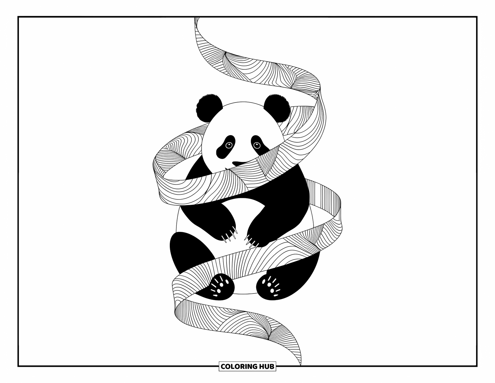 Disegno di panda da colorare per adulti: Un panda pacifico riposa all'interno di un nastro vorticoso di motivi, fondendo elementi naturali e astratti