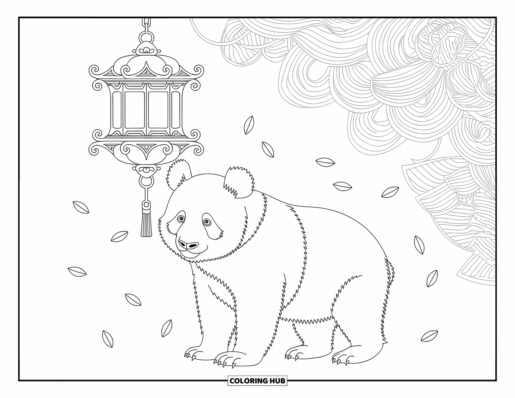 Disegno di panda da colorare per adulti: Un panda pacifico si trova sotto una lanterna intricata, con motivi decorativi che riempiono lo sfondo