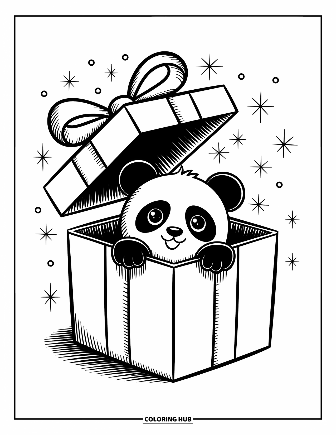 Disegno di un panda da colorare per adulti: Un panda giocoso spunta fuori da una confezione regalo, circondato da coriandoli e minuscoli brillantini nell'aria