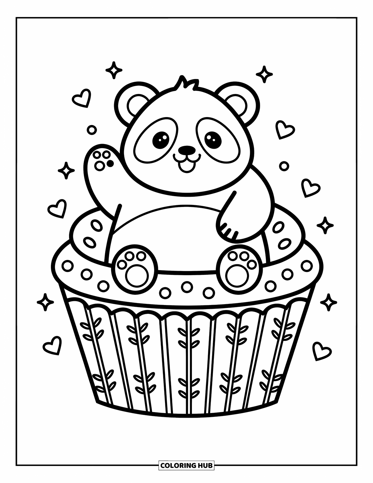 Disegno di un panda da colorare per adulti: Un panda giocoso siede all'interno di un cupcake gigante, alzando una zampa mentre brillantini e caramelle fluttuano nelle vicinanze