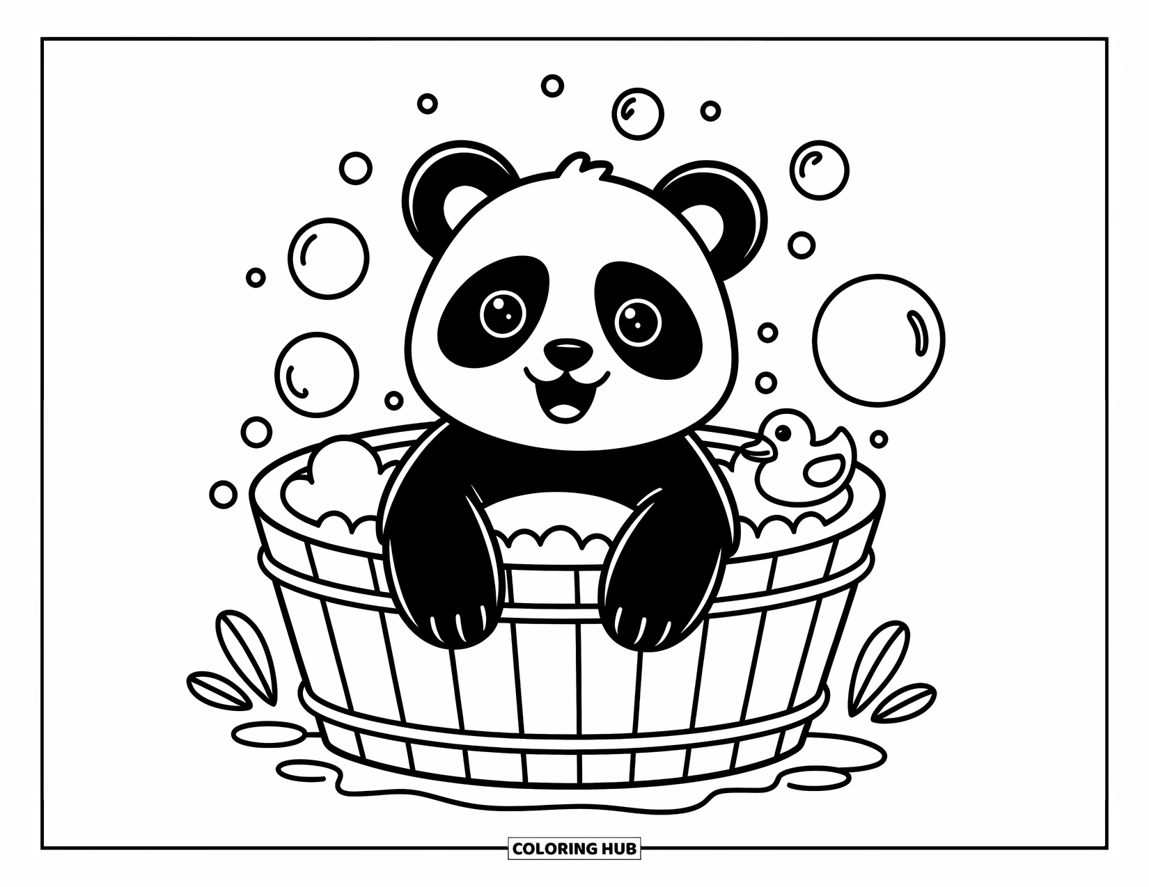 Disegno di un panda da colorare per adulti: Un panda giocoso sguazza in una vasca di legno piena di bolle, con una minuscola paperella di gomma accanto