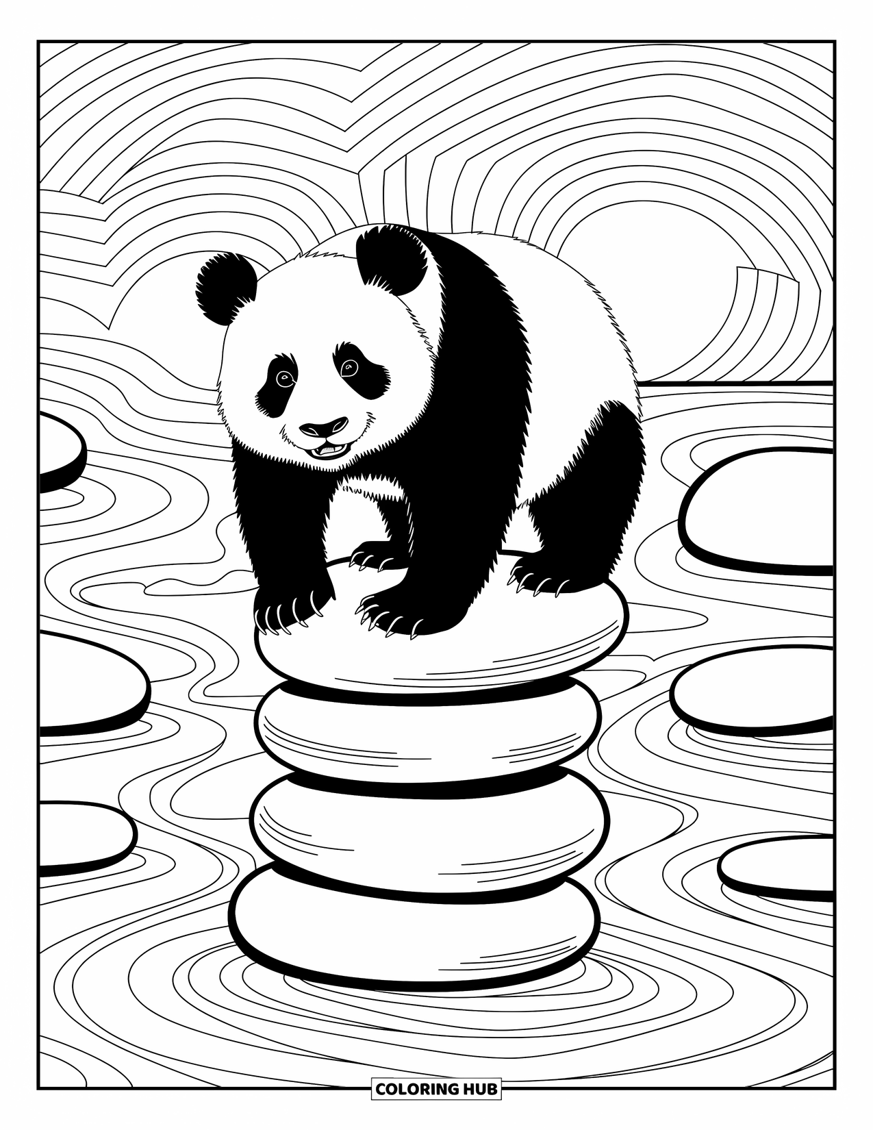 Disegno di panda da colorare per adulti: Un panda sereno si equilibra su pietre di fiume mentre l'acqua che scorre e motivi intricati riempiono la scena