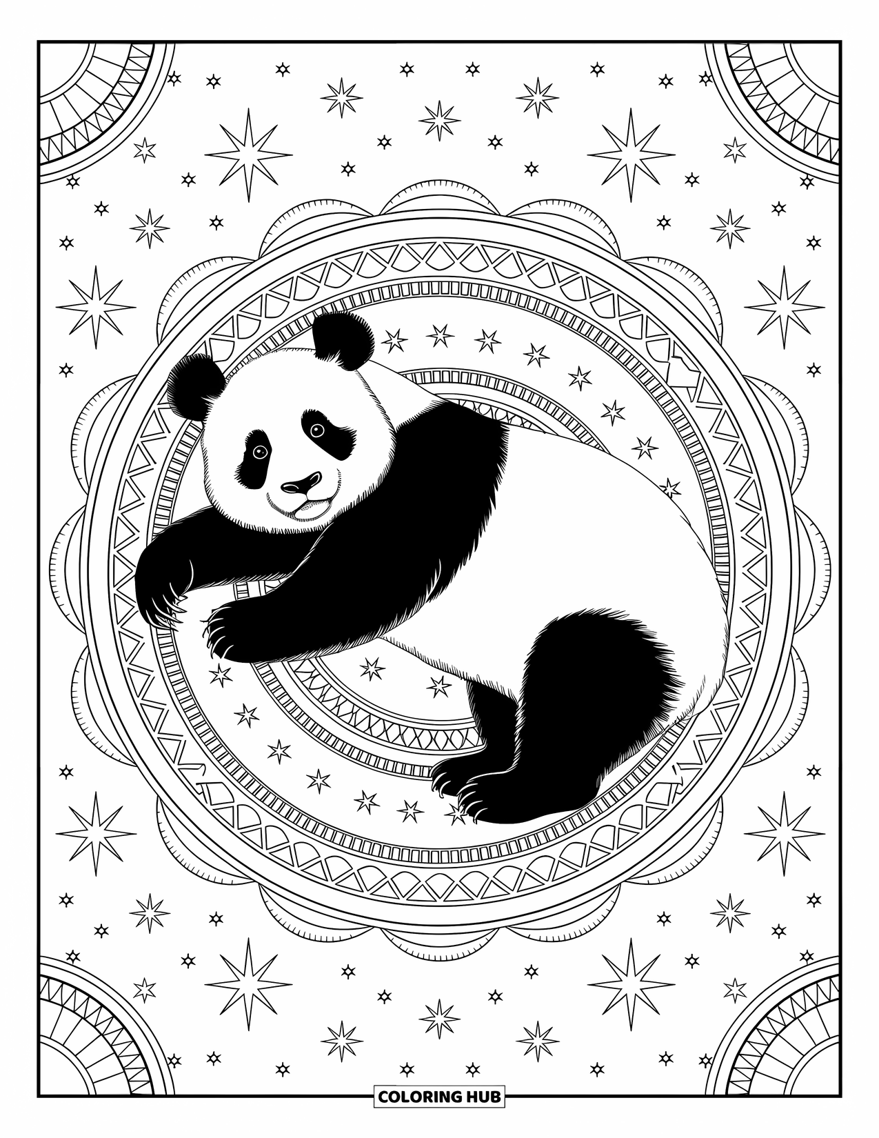 Disegno di panda da colorare per adulti: Un panda sereno riposa su un tappeto decorato, con costellazioni e dettagli celesti vorticosi intorno