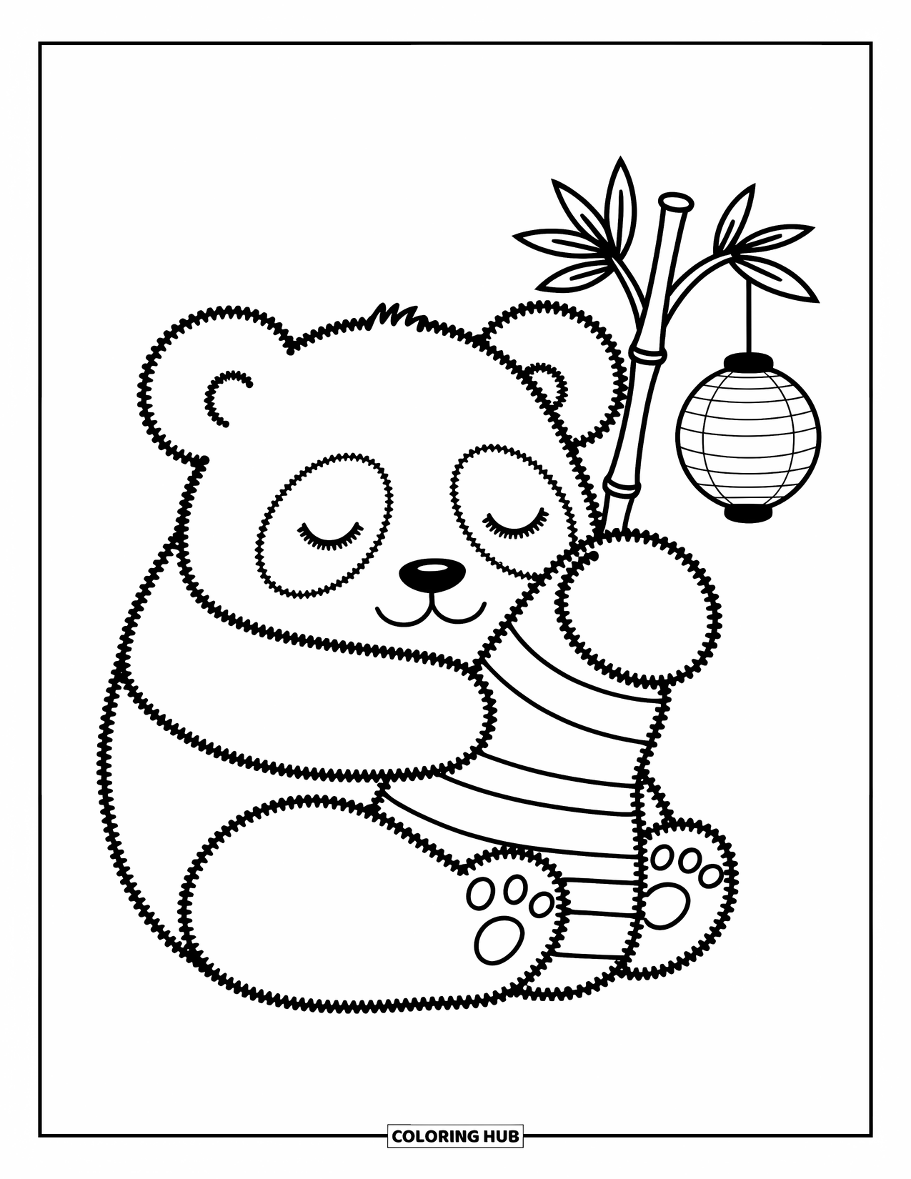 Disegno di un panda da colorare per adulti: Un panda assonnato abbraccia un cuscino di bambù di peluche, con una minuscola lanterna appesa a un gambo di bambù vicino