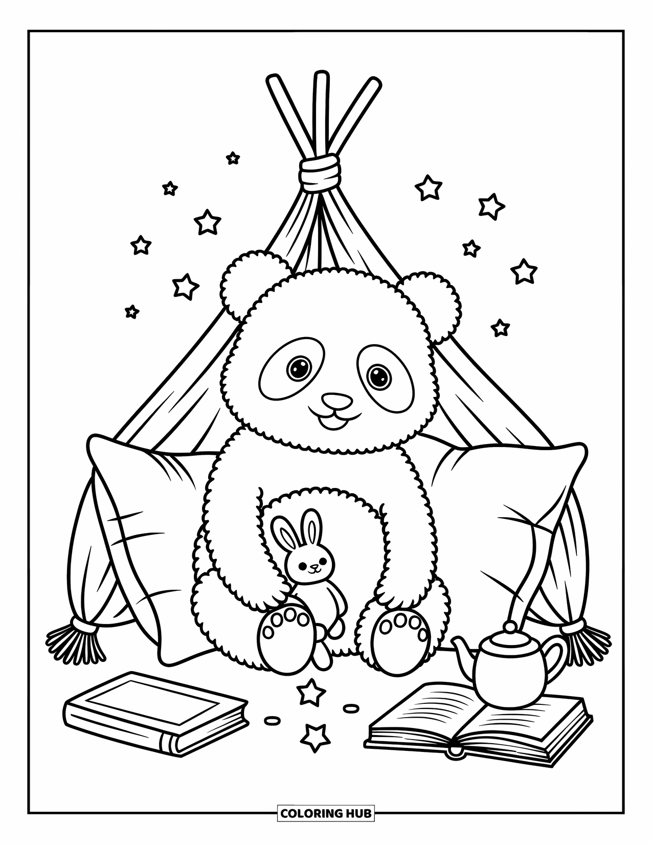 Disegno di un panda da colorare per adulti: Un panda assonnato si rilassa in un forte di cuscini, coccolando un minuscolo coniglietto mentre stelle e libri lo circondano