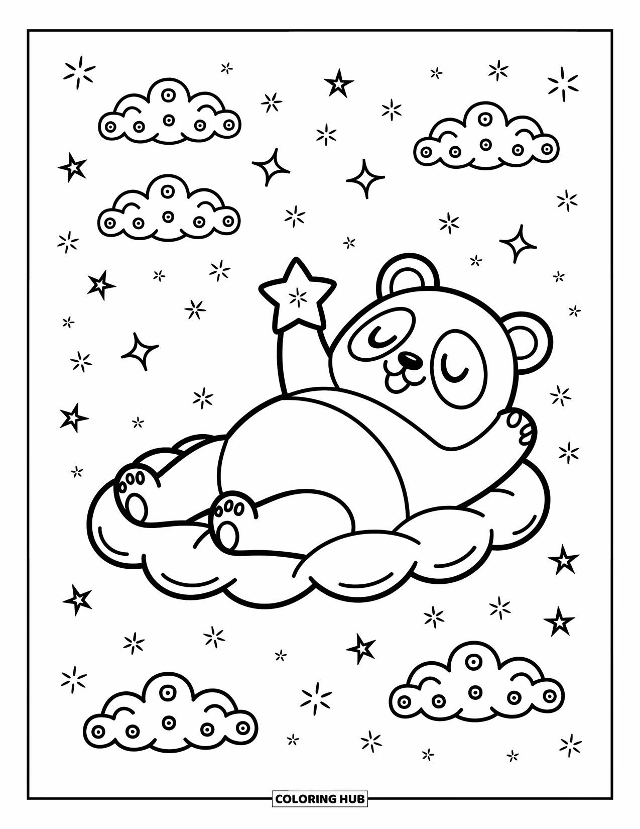 Disegno di un panda da colorare per adulti: Un panda assonnato riposa su una nuvola soffice, tenendo in mano una minuscola stella mentre è circondato da scintillii fluttuanti