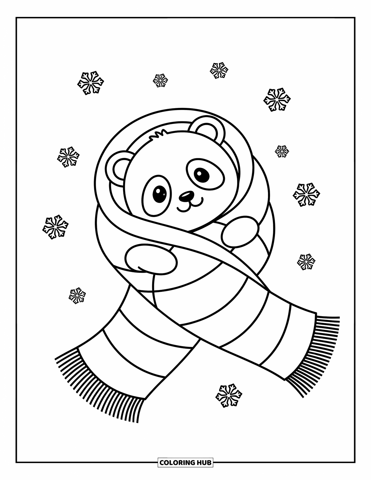 Disegno di un panda da colorare per adulti: Un piccolo panda si rannicchia in una sciarpa oversize, circondato da fiocchi di neve fluttuanti in una scena accogliente