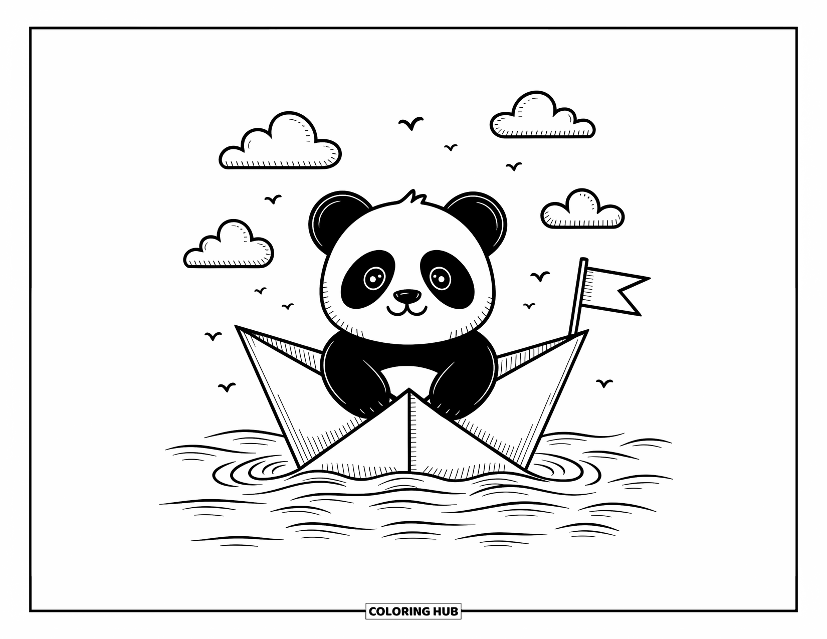 Disegno di un panda da colorare per adulti: Un minuscolo panda galleggia in una barca di carta piegata, fluttuando dolcemente su acqua ondulata sotto un cielo di uccelli