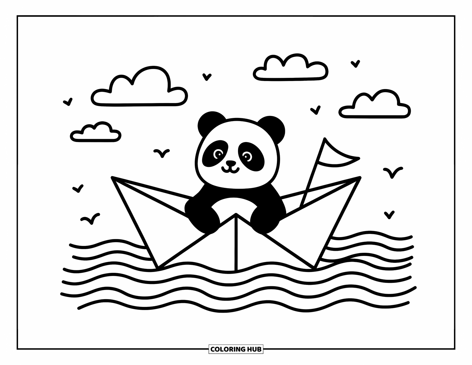 Disegno di un panda da colorare per adulti: Un minuscolo panda galleggia in una barca di carta, fluttuando su acqua ondulata sotto un cielo di uccelli e nuvole