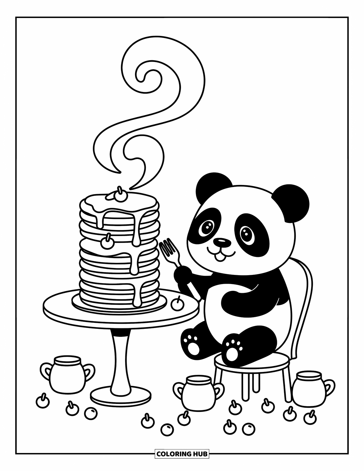 Disegno di un panda da colorare per adulti: Un minuscolo panda guarda in su una pila di pancake, circondato da miele, frutta e giocosi vortici di vapore