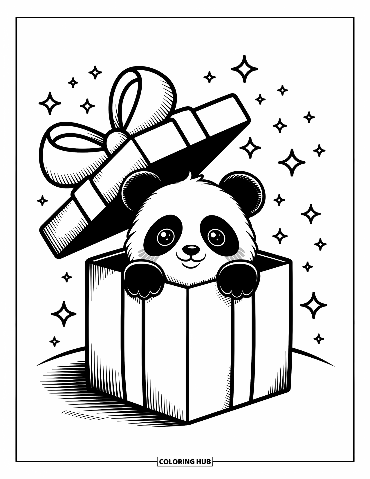 Disegno di un panda da colorare per adulti: Un minuscolo panda sbircia fuori da una confezione regalo, con coriandoli e brillantini fluttuanti che aggiungono un tocco festoso