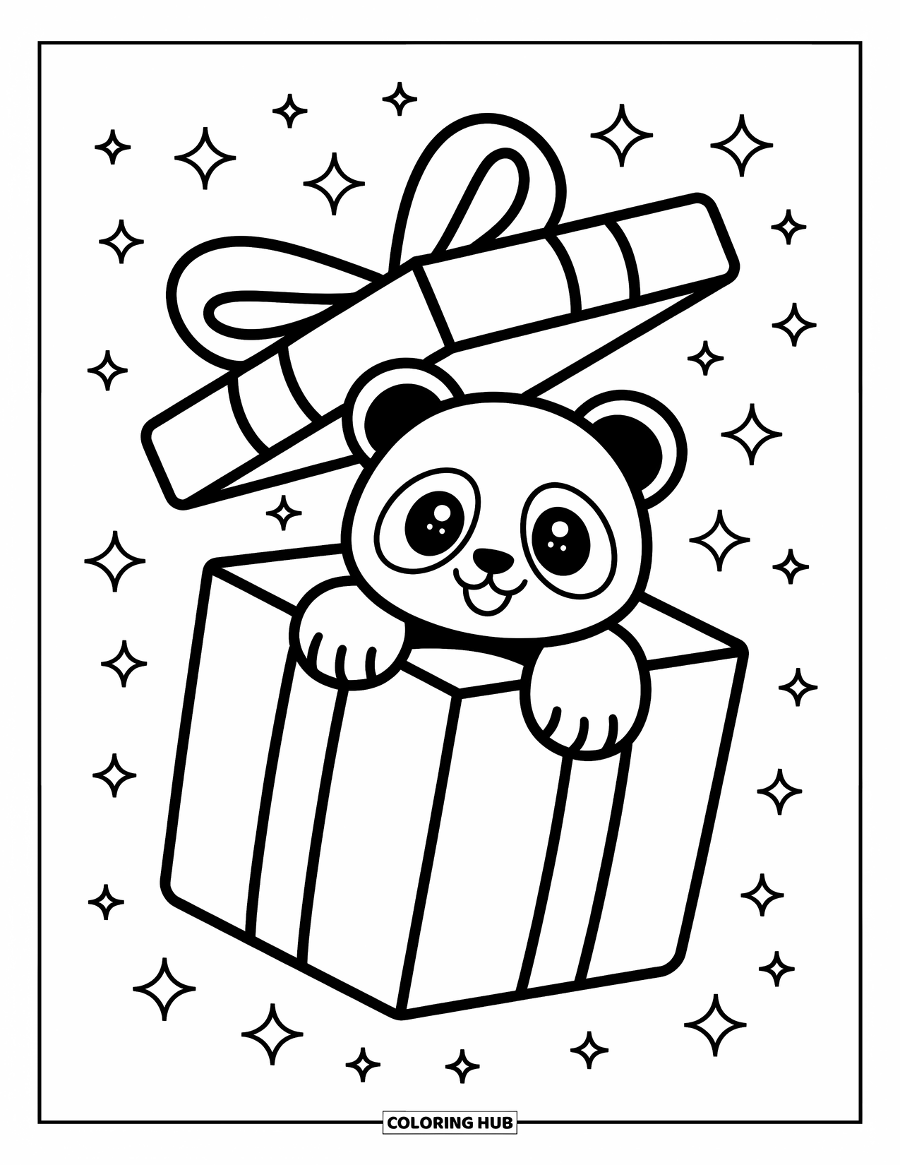 Disegno di un panda da colorare per adulti: Un minuscolo panda siede all'interno di una confezione regalo con un grande fiocco, mentre coriandoli e brillantini fluttuano intorno