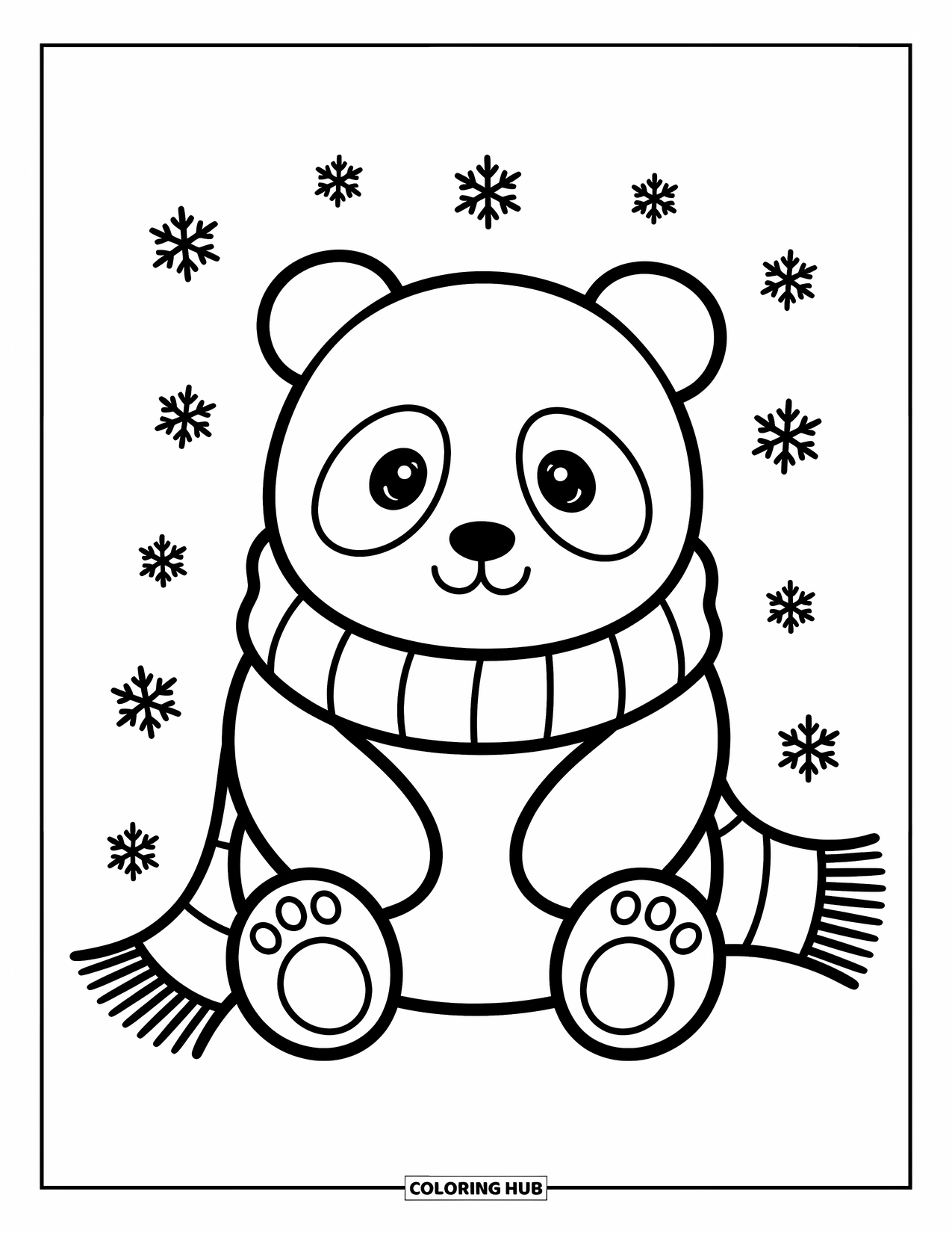 Disegno di un panda da colorare per adulti: Un minuscolo panda, avvolto in una grande sciarpa, siede al caldo mentre fiocchi di neve cadono dolcemente intorno a lui