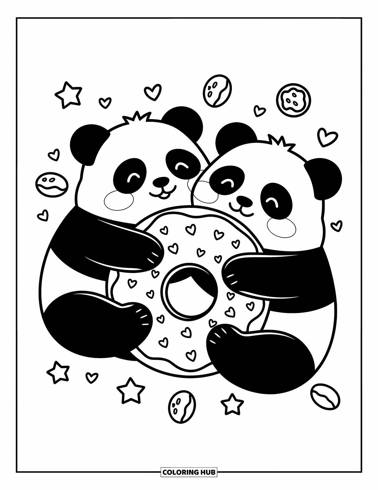 Disegno di un panda da colorare per adulti: Due panda paffuti abbracciano una ciambella gigante, circondati da stelle, cuori e minuscoli dolcetti fluttuanti