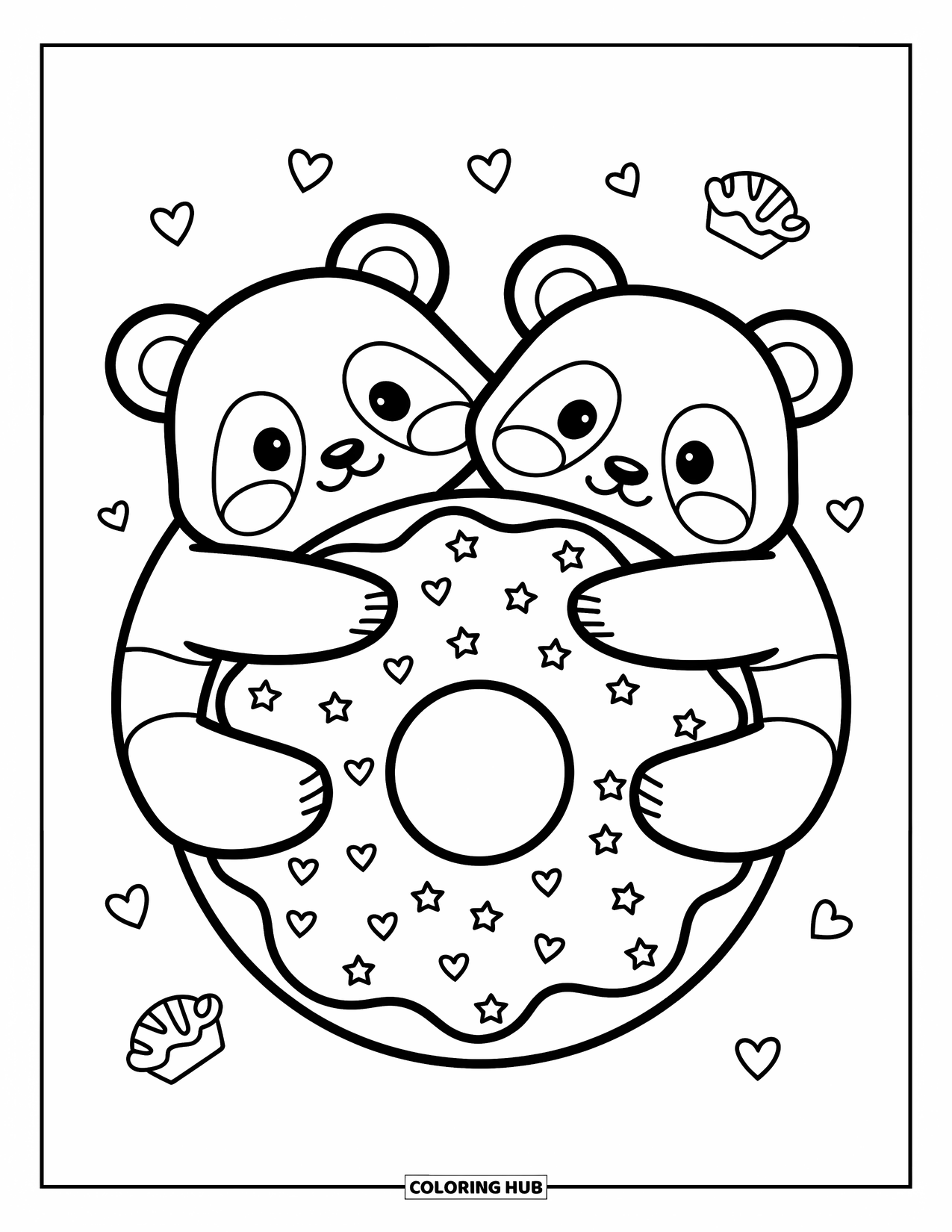 Disegno di un panda da colorare per adulti: Due panda paffuti abbracciano una ciambella gigante, circondati da stelle, cuori e minuscoli dolcetti fluttuanti