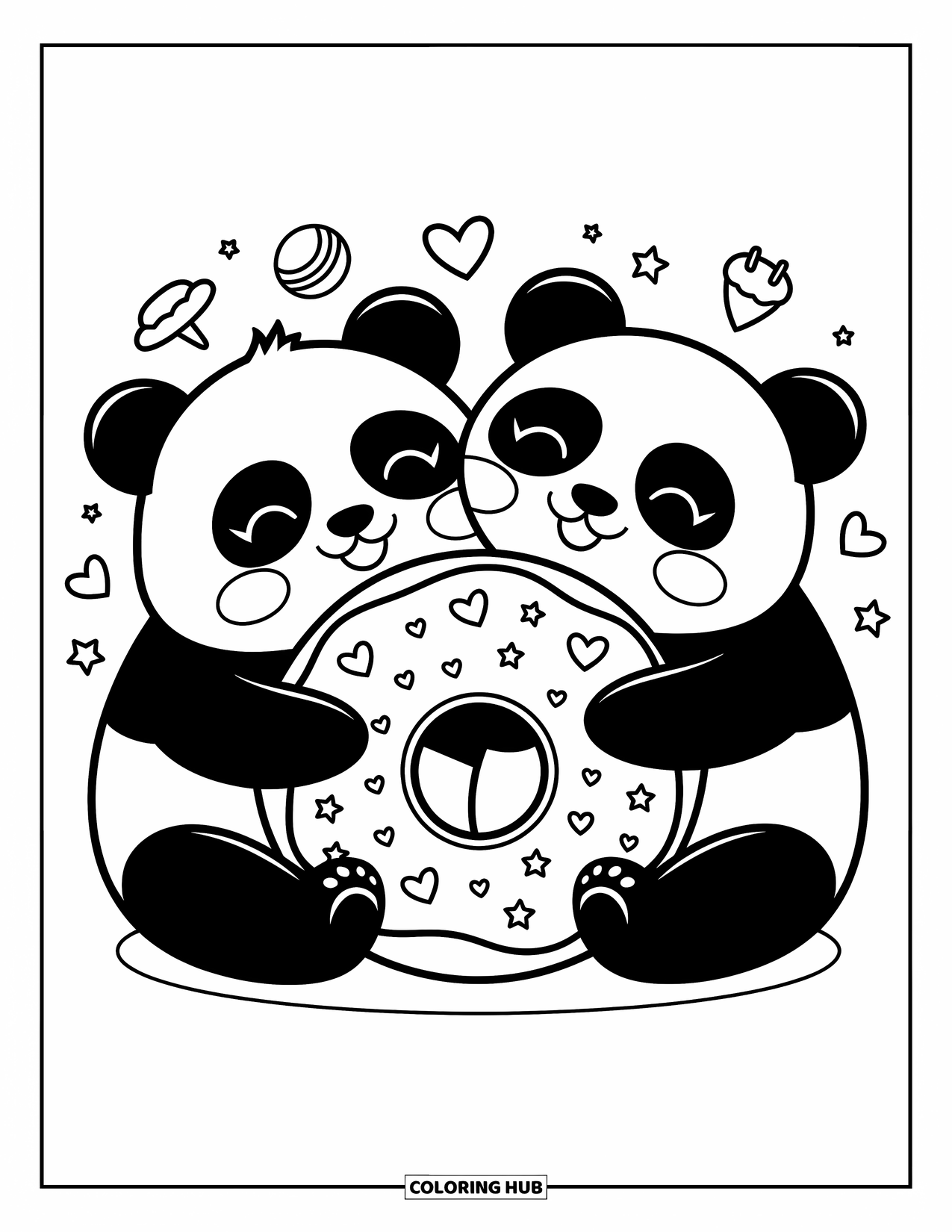 Disegno di un panda da colorare per adulti: Due panda tengono in mano una ciambella gigante, le loro minuscole zampe a malapena riescono a circondarla, con dolcetti fluttuanti nelle vicinanze