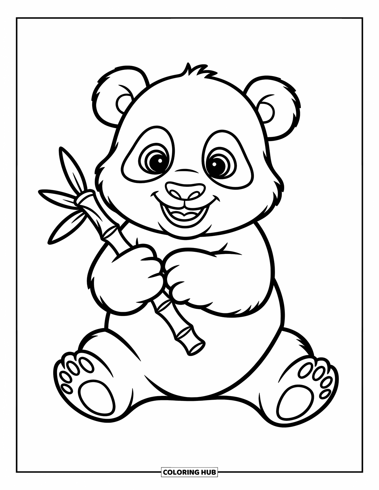 Disegno di panda da colorare per bambini: Un cucciolo di panda stringe un pezzo di bambù, con il suo viso rotondo pieno di gioia