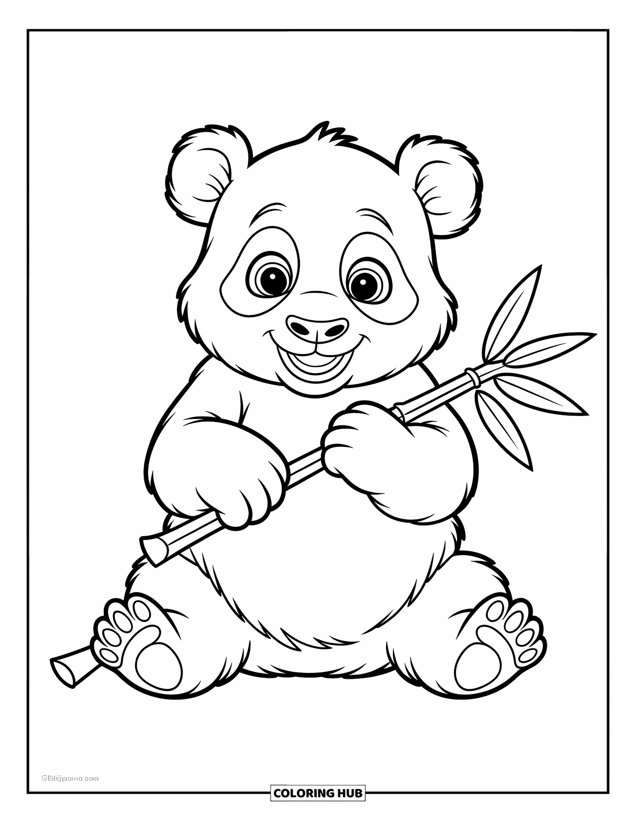 Disegno di un panda da colorare per bambini: Un cucciolo di panda siede felicemente, tenendo in mano un pezzo di bambù con entrambe le zampe