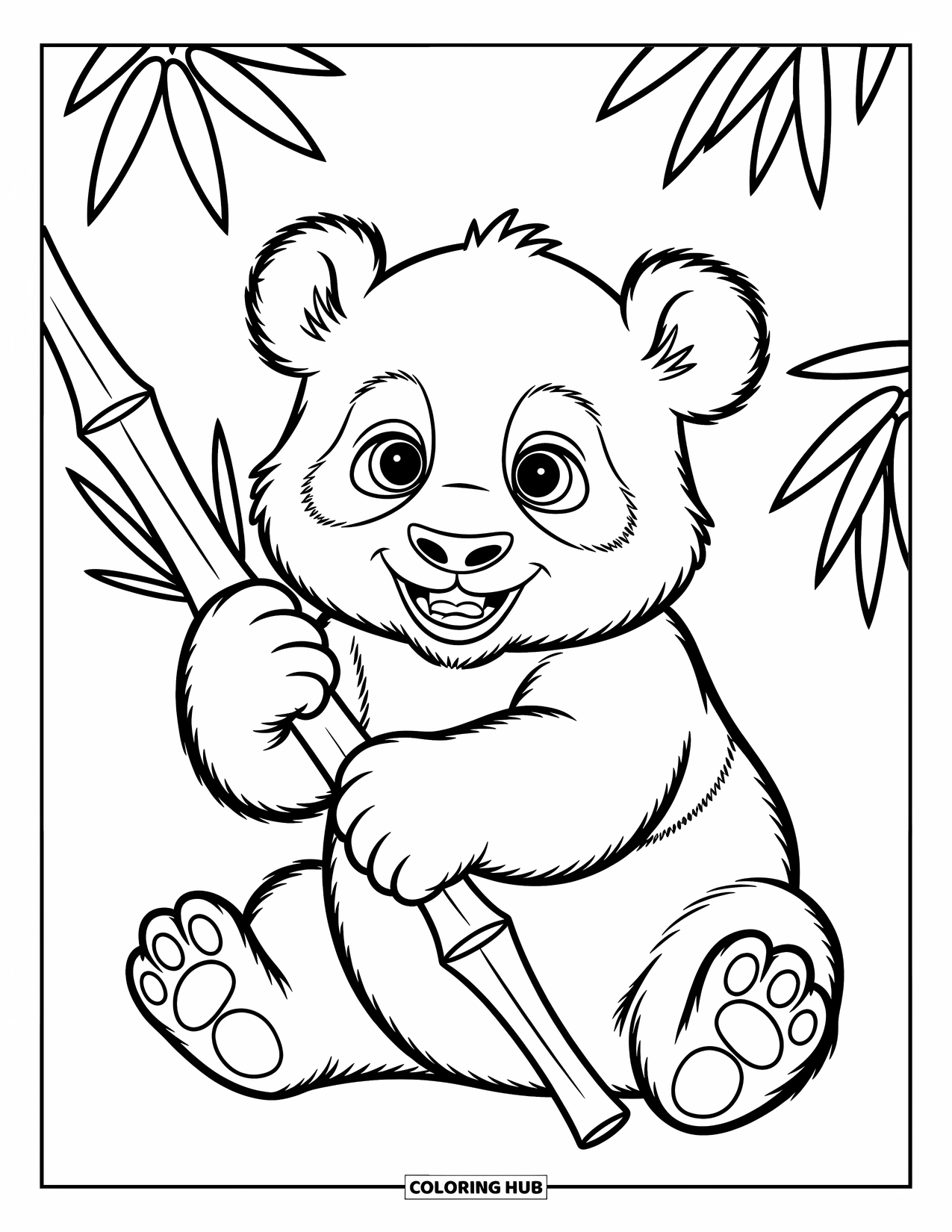 Disegno di panda da colorare per bambini: Un cucciolo di panda siede a terra, rosicchiando un gambo di bambù con gioia