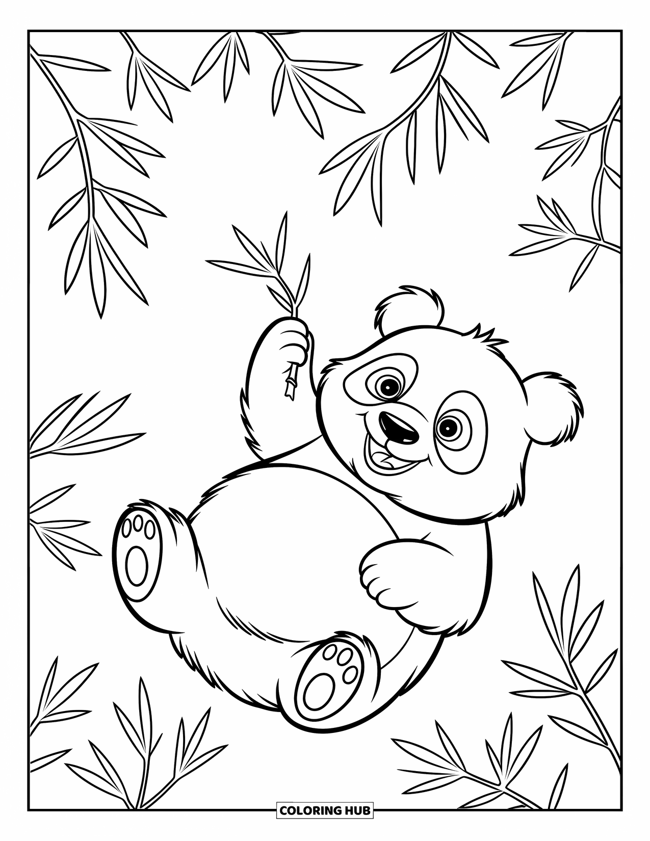 Disegno di panda da colorare per bambini: Un panda allegro si rilassa sulla schiena, stringendo un germoglio di bambù con gioia