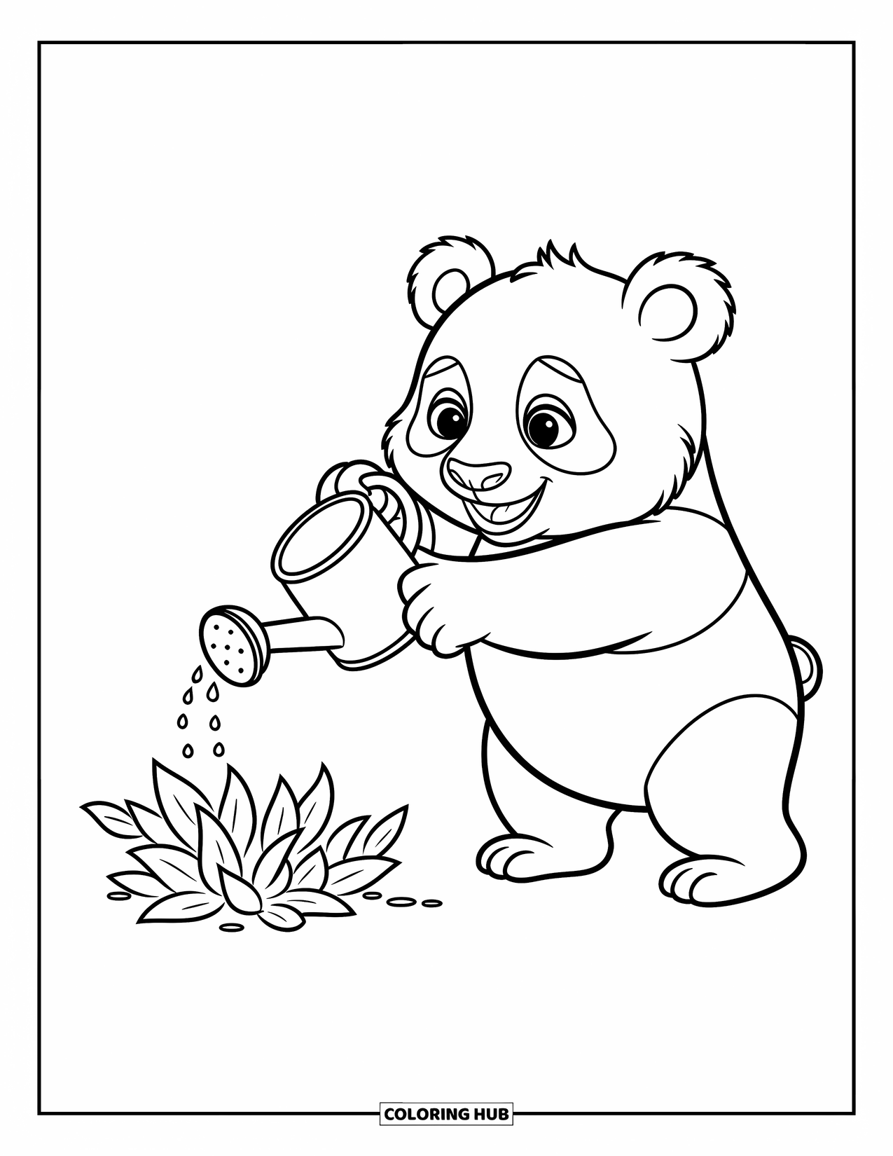 Disegno di un panda da colorare per bambini: Un panda allegro spruzza acqua su una pianta, il suo minuscolo annaffiatoio aggiunge un tocco di fascino