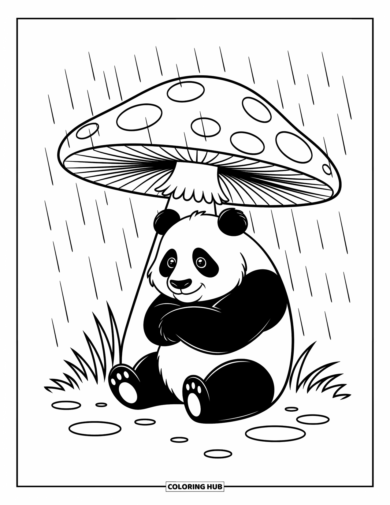 Disegno di panda da colorare per bambini: Un panda accogliente si rannicchia sotto un grande fungo, usando il suo cappello come riparo dalla pioggia