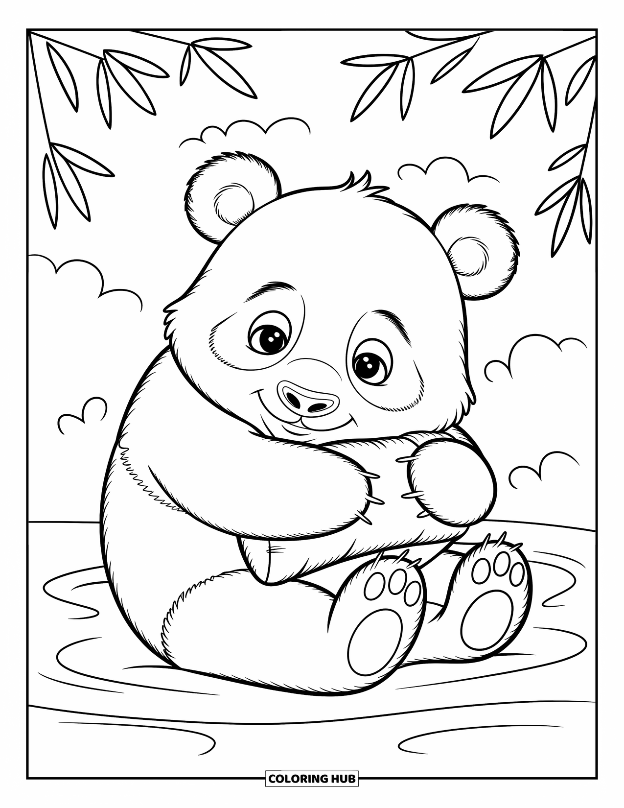 Disegno di panda da colorare per bambini: Un panda coccoloso abbraccia un piccolo cuscino, preparandosi per un riposino