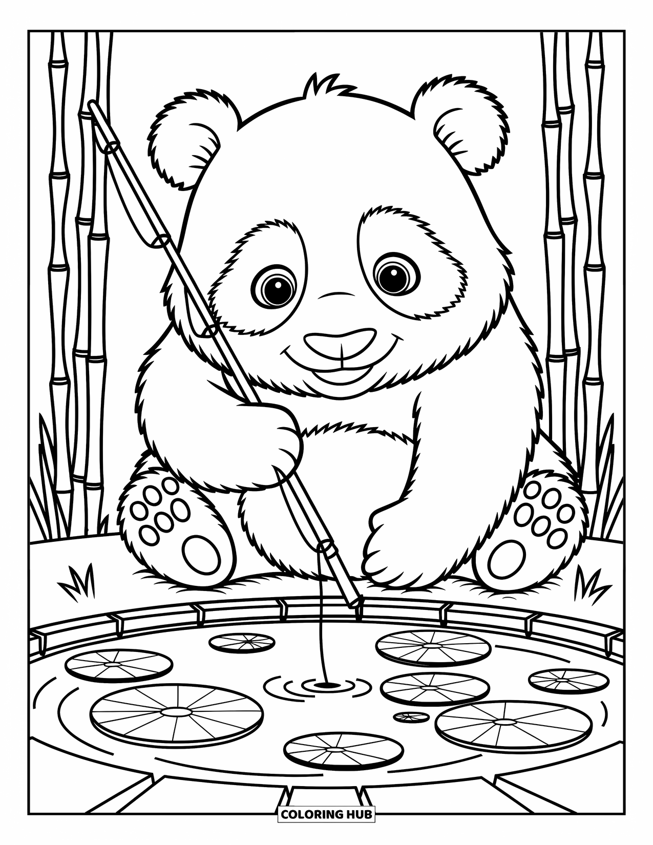 Disegno di panda da colorare per bambini: Un panda curioso pesca in uno stagno, circondato da increspature giocose e fiori in boccio