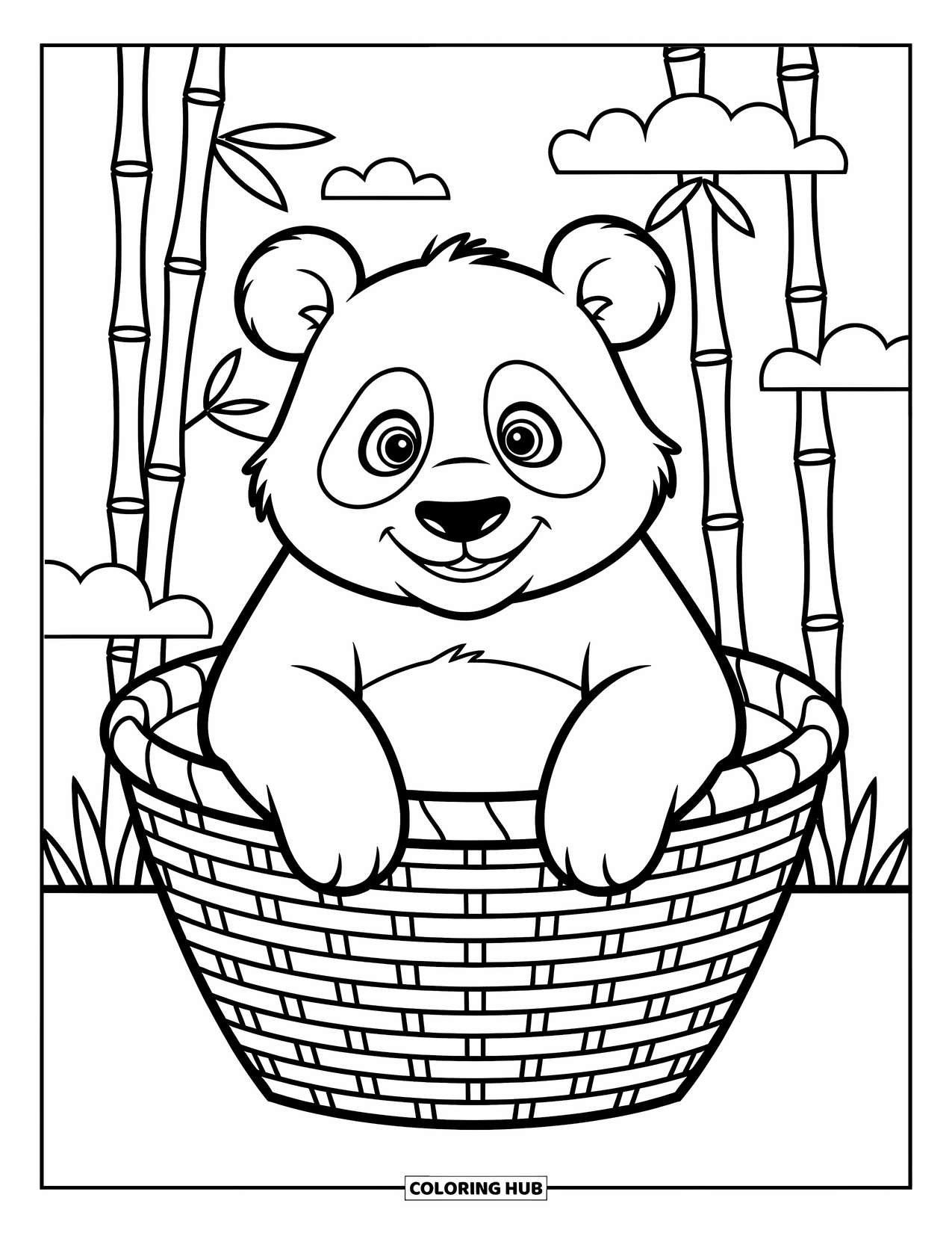 Disegno di panda da colorare per bambini: Un panda curioso sbircia fuori da un cesto intrecciato, circondato da morbide foglie di bambù e nuvole