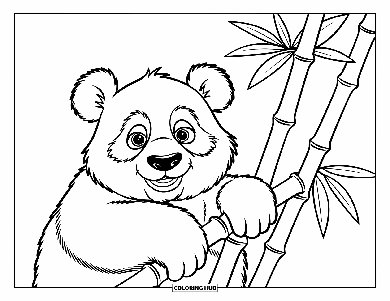 Disegno di panda da colorare per bambini: Un panda curioso appoggia le zampe su un gigantesco germoglio di bambù, guardando verso l'alto