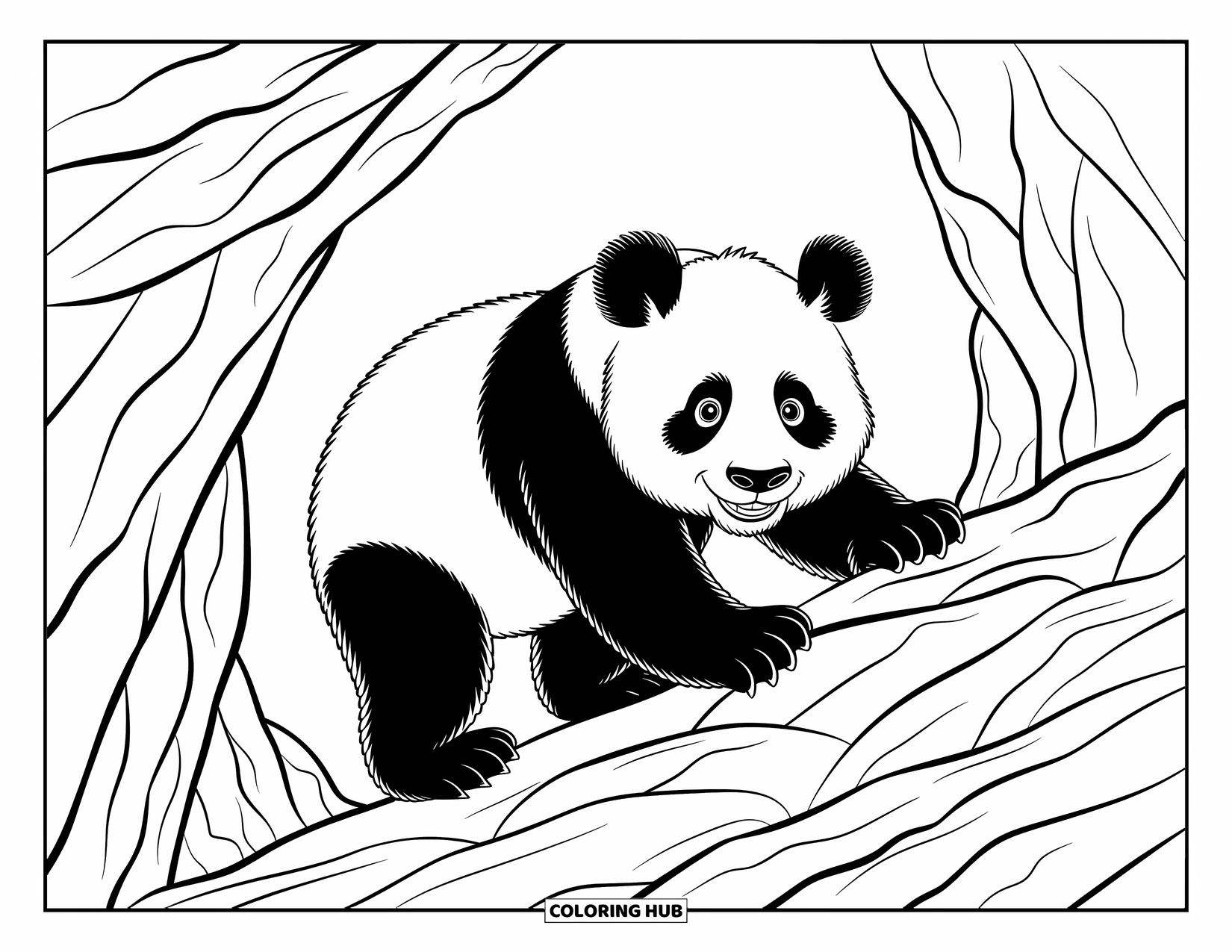 Disegno di un panda da colorare per bambini: Un panda determinato si arrampica su rocce frastagliate, circondato da viticci vorticosi e foglie di bambù fluttuanti