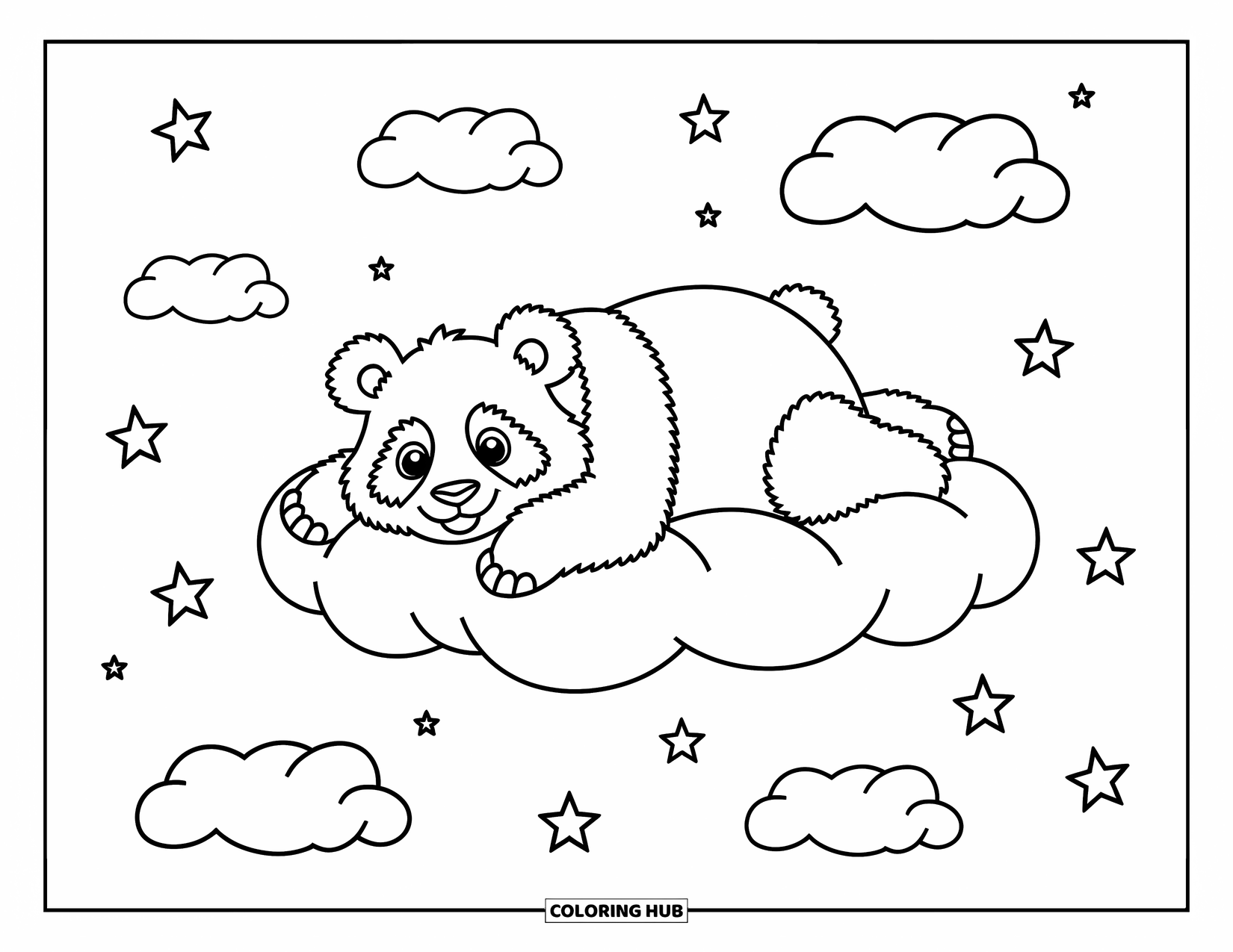 Disegno di panda da colorare per bambini: Un panda soffice si allunga pigramente su una nuvola soffice, circondato da stelle scintillanti nel cielo
