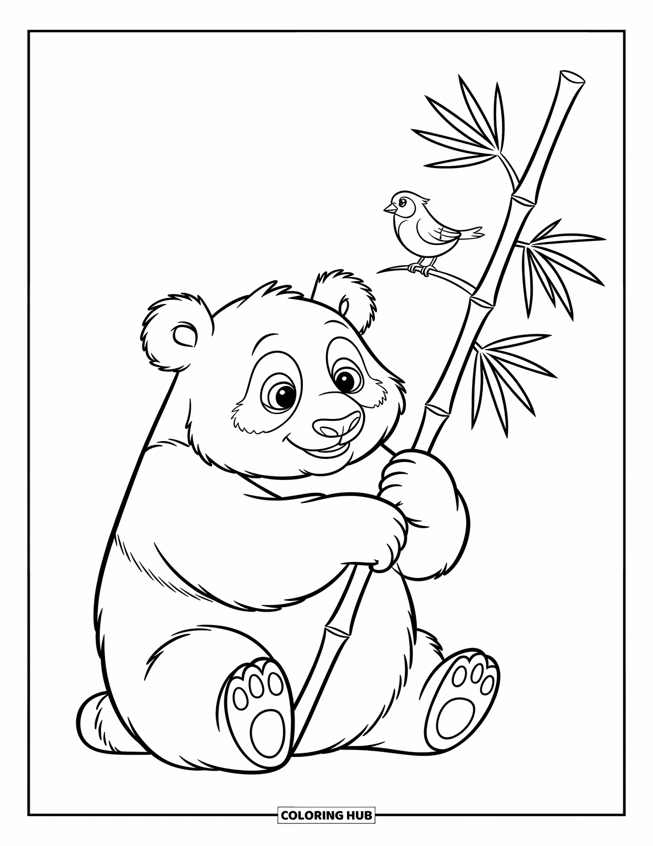 Disegno di panda da colorare per bambini: Un panda gentile culla un gambo di bambù, con gli occhi fissi su un piccolo uccello sopra