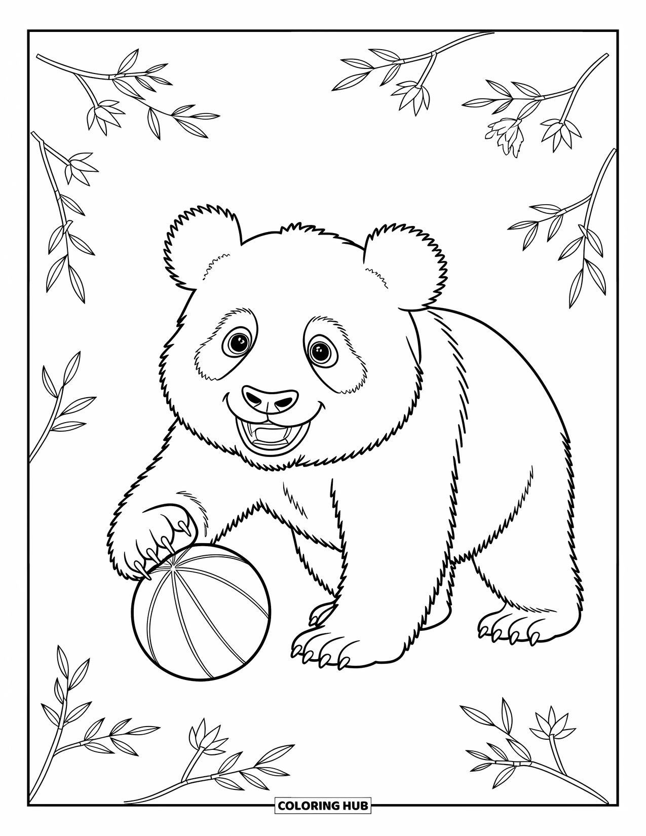 Disegno di un panda da colorare per bambini: Un panda gentile tiene in mano un imponente gambo di bambù, guardando con curiosità un minuscolo uccello sopra