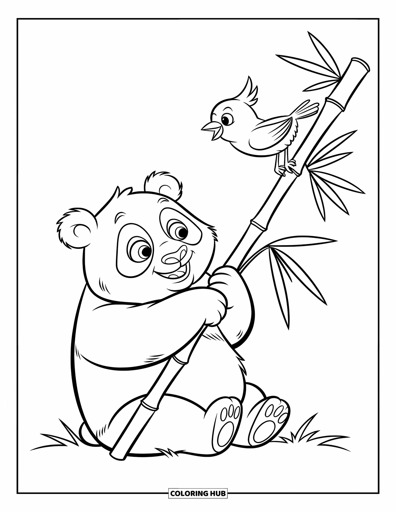 Disegno di panda da colorare per bambini: Un panda gigante abbraccia un gambo di bambù, con gli occhi fissi su un piccolo uccello appoggiato su una foglia