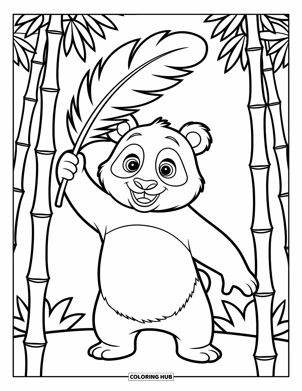 Disegno di panda da colorare per bambini: Un panda felice tiene una piuma gigante, agitandola nell'aria con entusiasmo