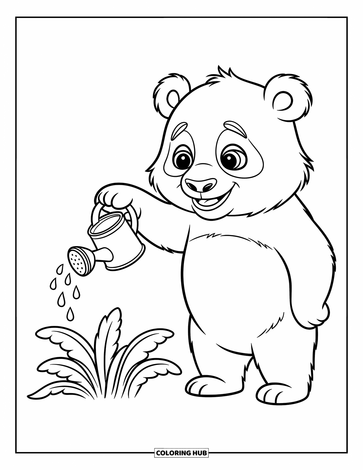 Disegno di panda da colorare per bambini: Un panda annaffia con cura una pianta, il suo tocco delicato che fa rivivere le foglie in una scena dolce