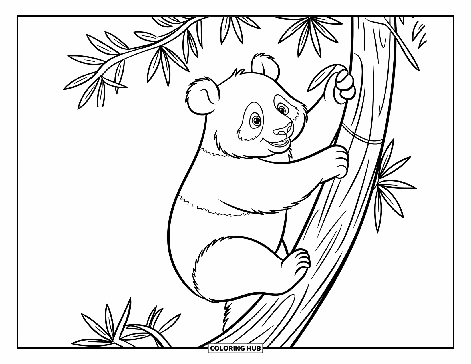 Disegno di un panda da colorare per bambini: Un panda si arrampica su un albero robusto, raggiungendo le foglie di bambù con una presa decisa