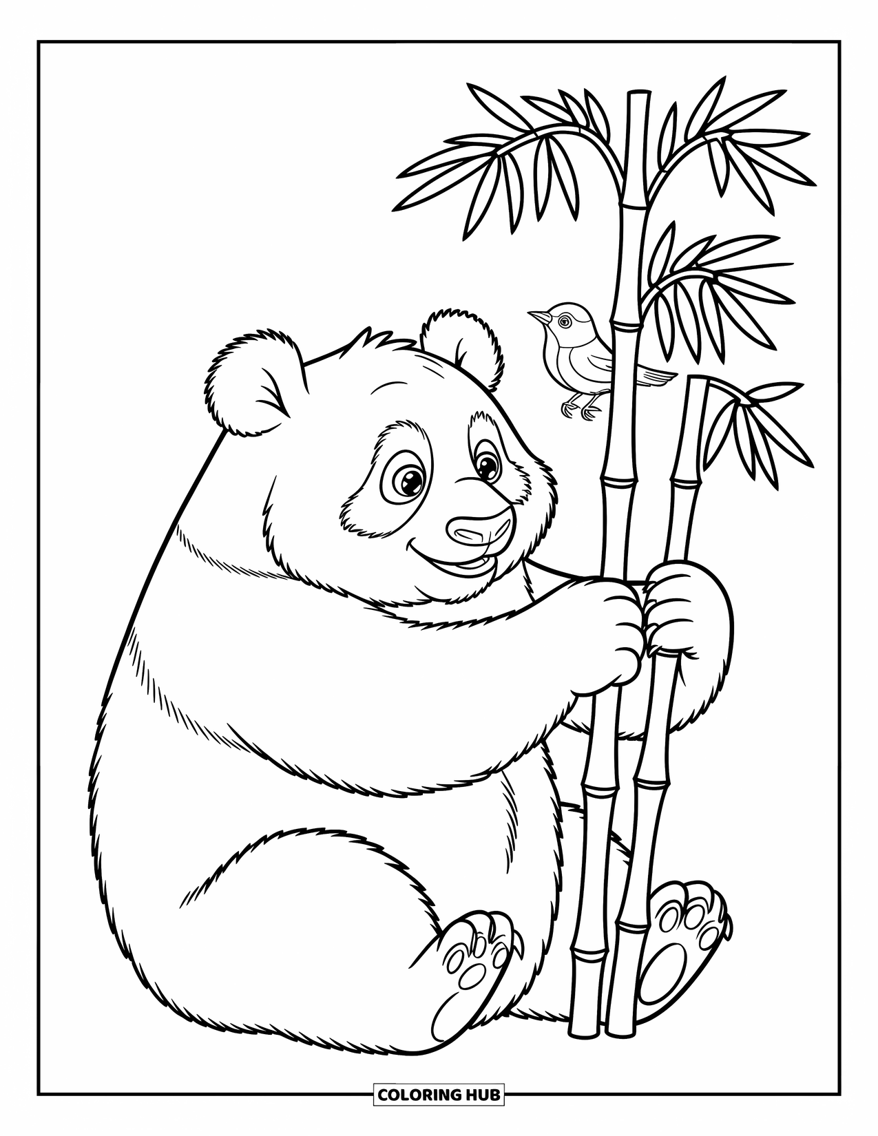 Disegno di panda da colorare per bambini: Un panda stringe un gambo di bambù con entrambe le zampe, osservando un piccolo uccello appollaiato in cima