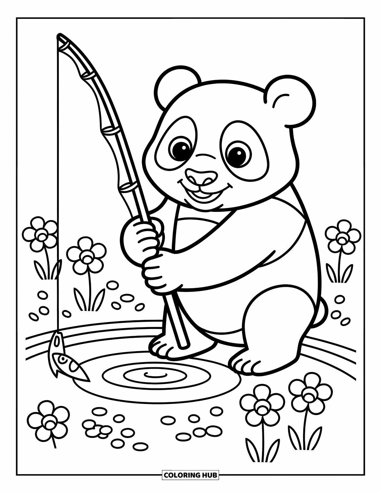 Disegno di un panda da colorare per bambini: Un panda pesca pazientemente, osservando l'acqua incresparsi mentre minuscole bolle galleggiano intorno al suo amo