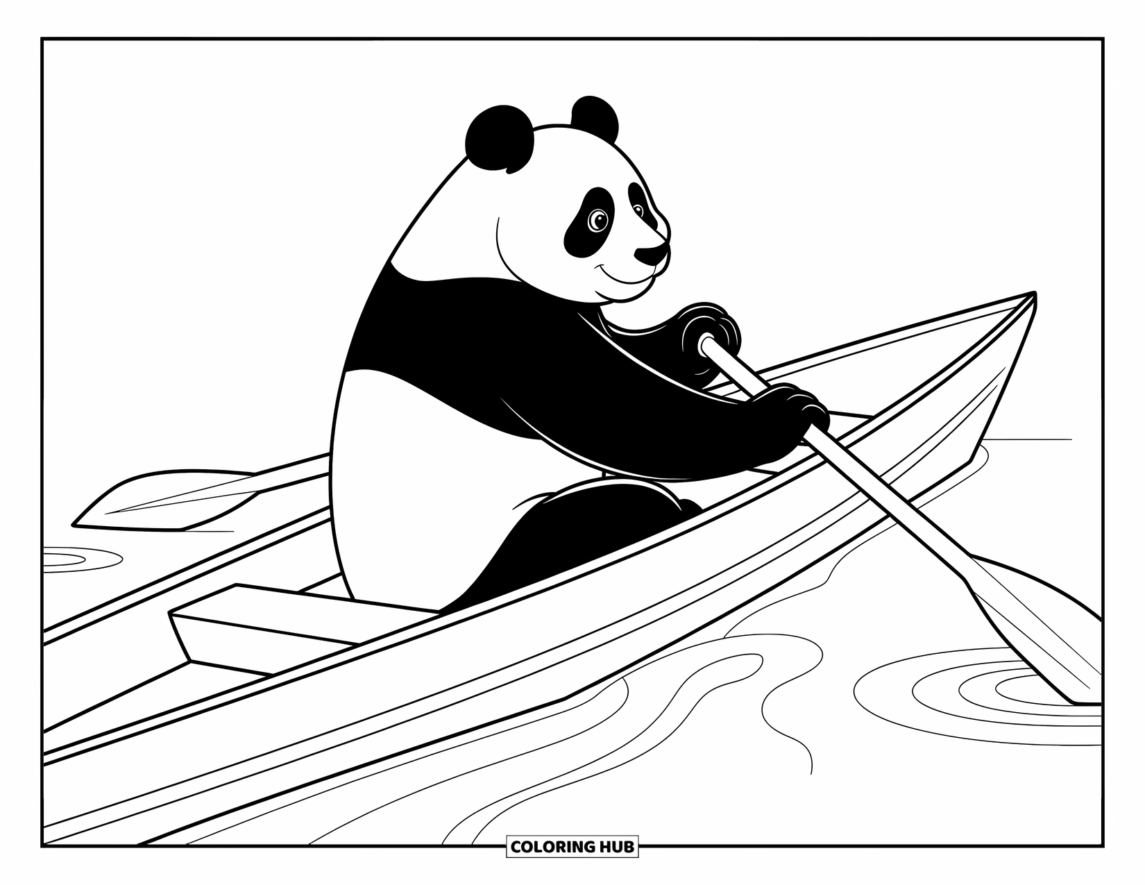 Disegno di panda da colorare per bambini: Un panda rema delicatamente una barca attraverso acque serene, circondato da morbide increspature e onde delicate