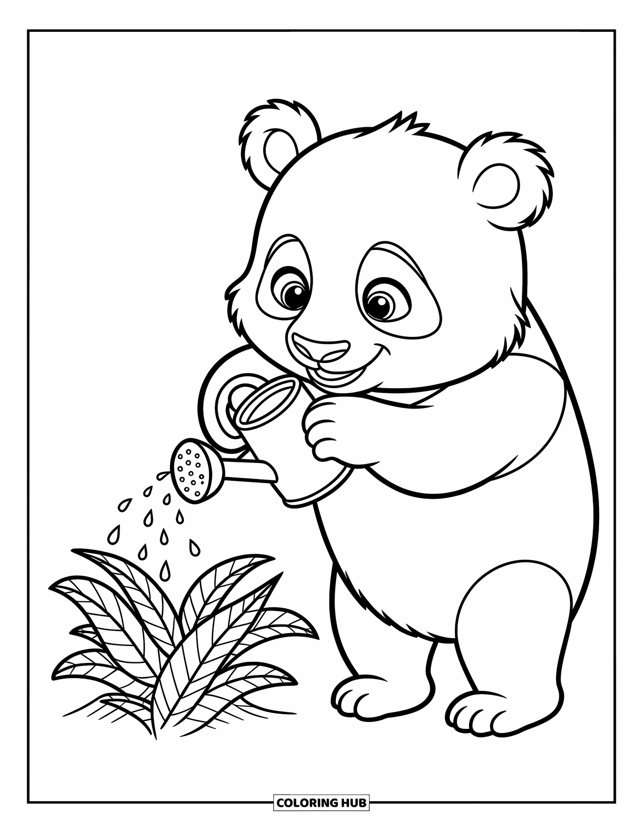 Disegno di panda da colorare per bambini: Un panda annaffia delicatamente una pianta in crescita, tenendo un piccolo annaffiatoio con un'espressione giocosa